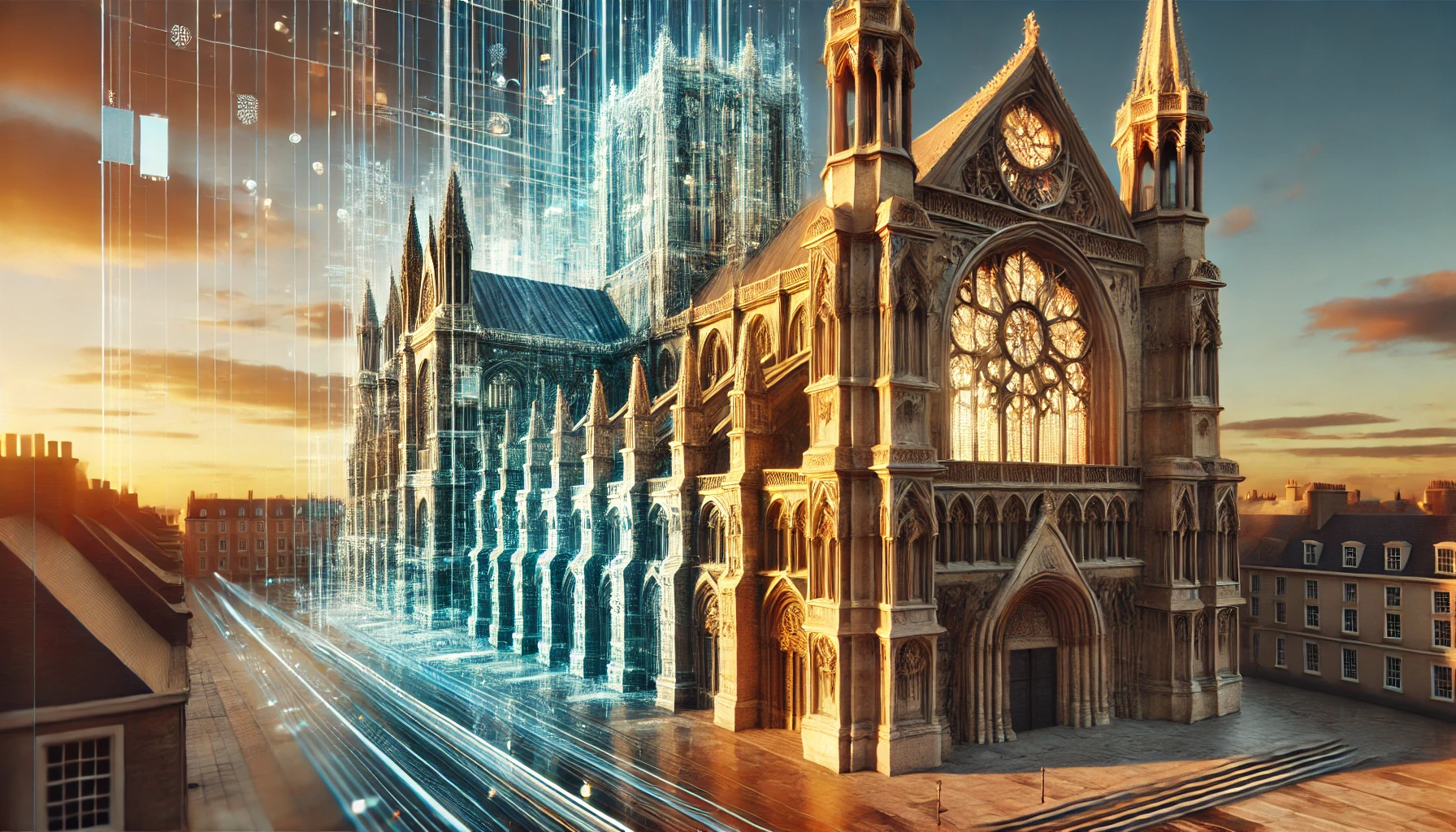 A grand Gothic cathedral being virtualized into a digital twin, blending historical and modern aesthetics in a seamless transition.