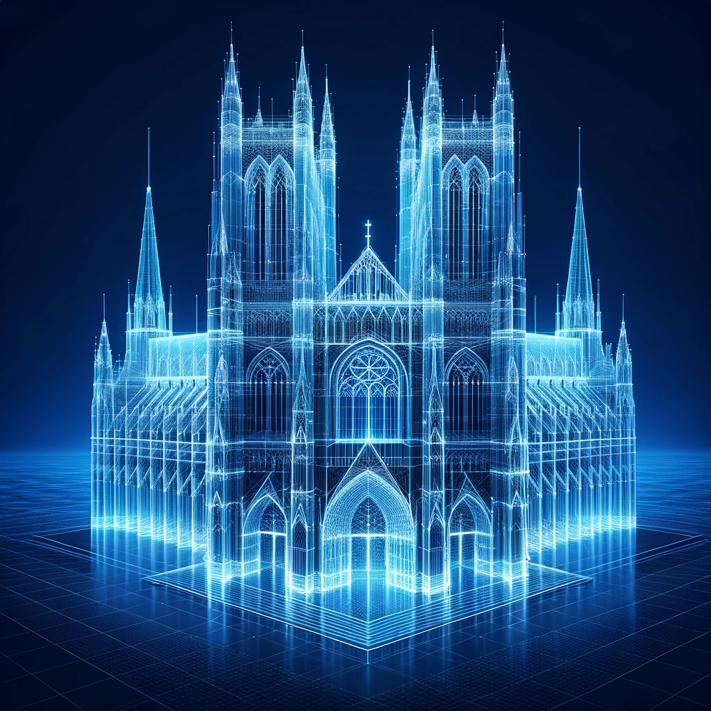 Digital rendering of a gothic cathedral in wireframe style, with blue glowing lines highlighting the architectural structure. The image has a futuristic and technological look, showing intricate details of the spires, arches and windows in a dark and abstract environment.