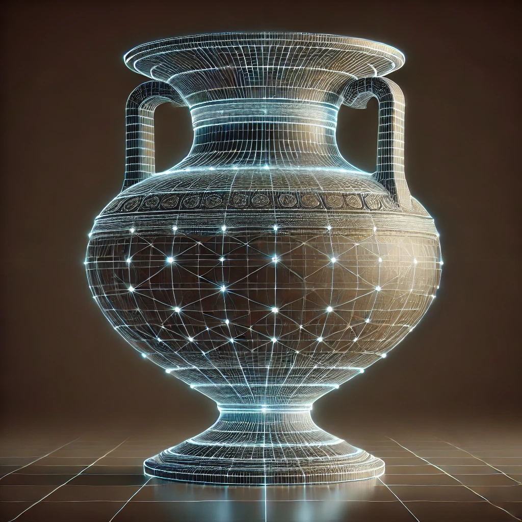 Digital modeling of an ancient amphora with a luminous wireframe structure. The surface of the vase combines classic details with a network of luminous lines and dots, creating a futuristic and technological effect on a dark background.