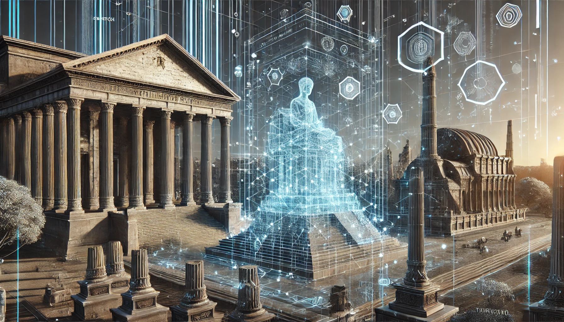 Digital illustration of a historical setting with futuristic elements. A classical temple with Doric columns is flanked by a glowing holographic statue, surrounded by floating digital structures and patterns. In the background, other historical buildings with futuristic details create a contrast between the past and technology.