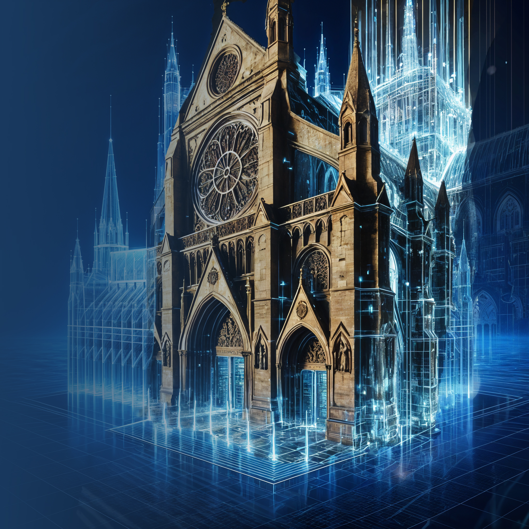 Digital illustration of a Gothic cathedral with intricate architectural details, including pointed arches, rose windows, and spires. The background features a transparent, glowing representation of the cathedral itself, creating an overlay effect between reality and digital projection. The image is set against a dark blue background, highlighting the outlines and details of the structure.