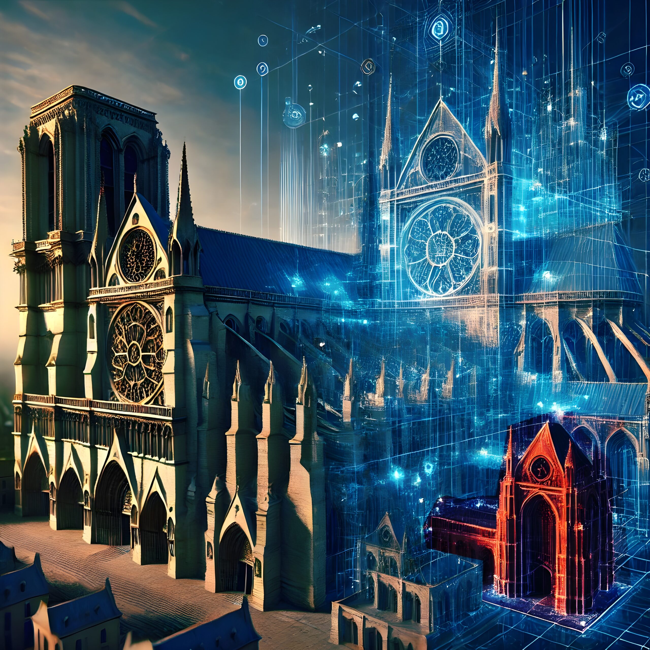 An illustration showing a Gothic cathedral, inspired by Notre Dame, represented half in its real form and half as a futuristic digital reconstruction. The right part of the image presents a virtual version of the building, with blue light lines outlining the structure and red details highlighting architectural elements. The visual effect suggests the use of technology for the preservation, reconstruction or historical simulation of architectural heritage.